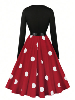 Privé Polka Dot Print Belted Dress (Red)