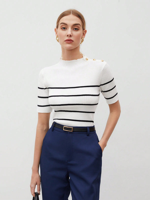 BIZwear Casual Women Stand Collar Striped Knit Short Sleeve Top (Black and White)