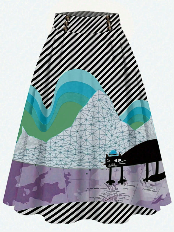 LUNE Plus Size Women's Abstract Cartoon Pattern A-Line Skirt (Purple)