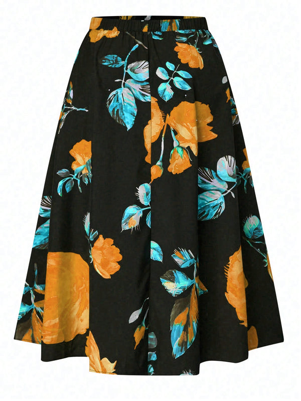 Privé Plus Floral Print Flare Skirt (Orange)