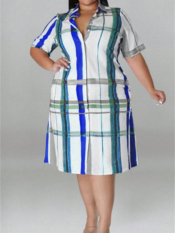 Plus Size Short Sleeve Plaid Shirt Dress (Blue)