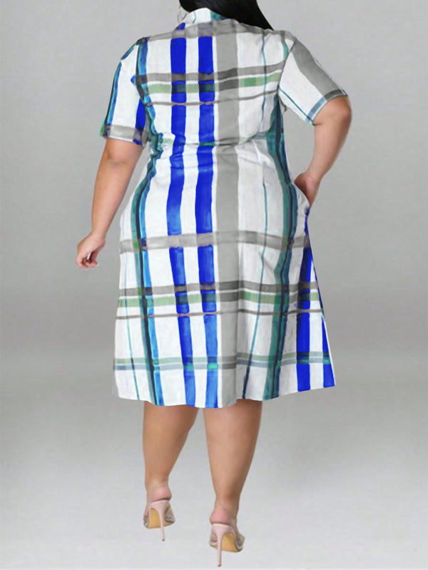 Plus Size Short Sleeve Plaid Shirt Dress (Blue)