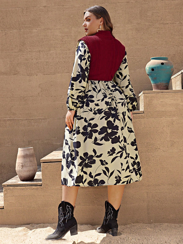 VCAY Plus Size Floral Printed Spliced Lantern Sleeve Dress (Burgundy)