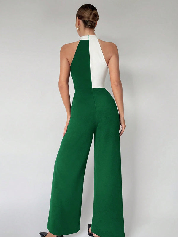 Maija Women's Color Block Asymmetrical Halter Jumpsuit (Dark Green)