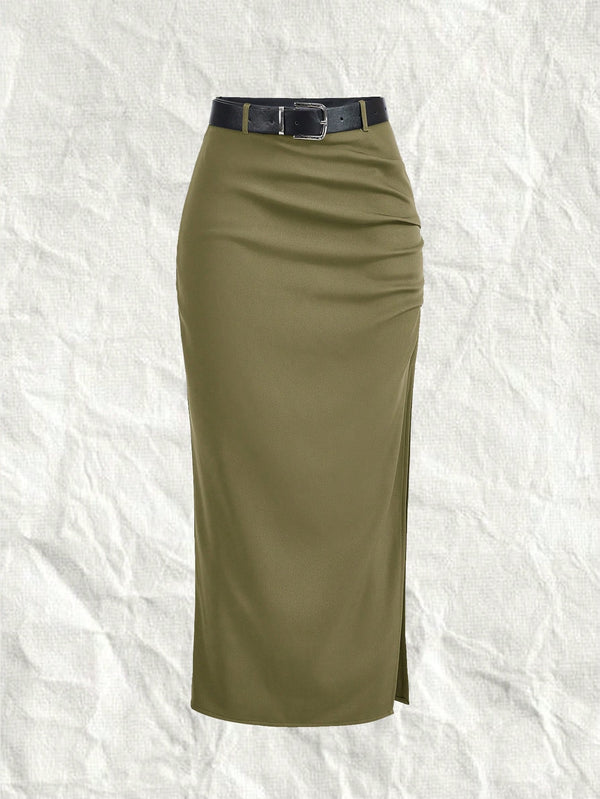 EZwear Woven Women's Belted Long Suit Skirt (Army Green)