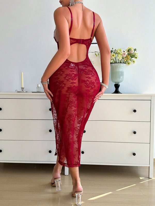 Floral Lace Slips With Thong Lingerie (Burgundy)