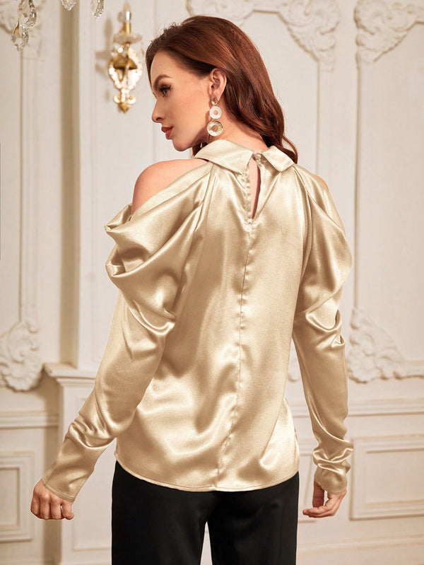 Modely Women's Cold Shoulder Shirt With Rhinestone Decoration (Khaki)