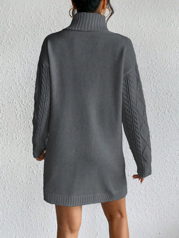 Turtleneck Dual Pocket Cable Knit Drop Shoulder Sweater Dress (Dark Grey)