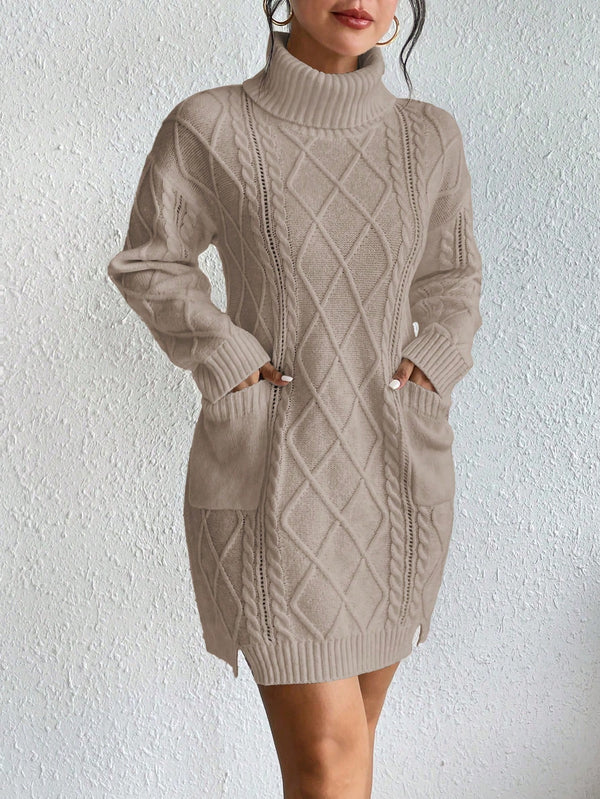 Turtleneck Dual Pocket Cable Knit Drop Shoulder Sweater Dress (Mocha Brown)