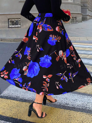 Privé Plus Floral Print Flare Skirt (Blue)