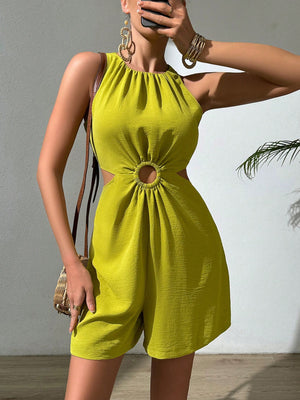 Frenchy Halter Neck Hollow Out Pleated Texture Romper (Green)