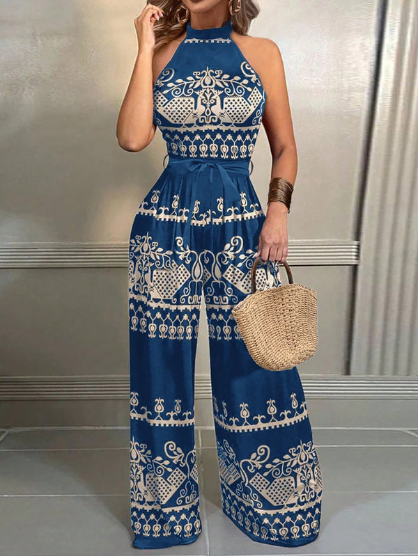LUNE Casual Tie Dye Striped Wide Leg Halter Jumpsuit (Blue and White)