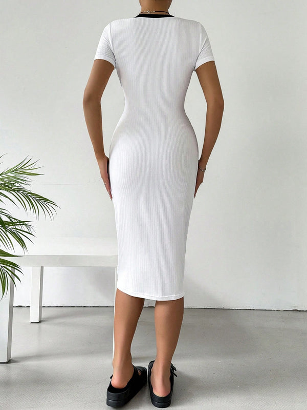 EZwear Long Summer Dress Contrast Letter Tape Bodycon Black Dress (White)