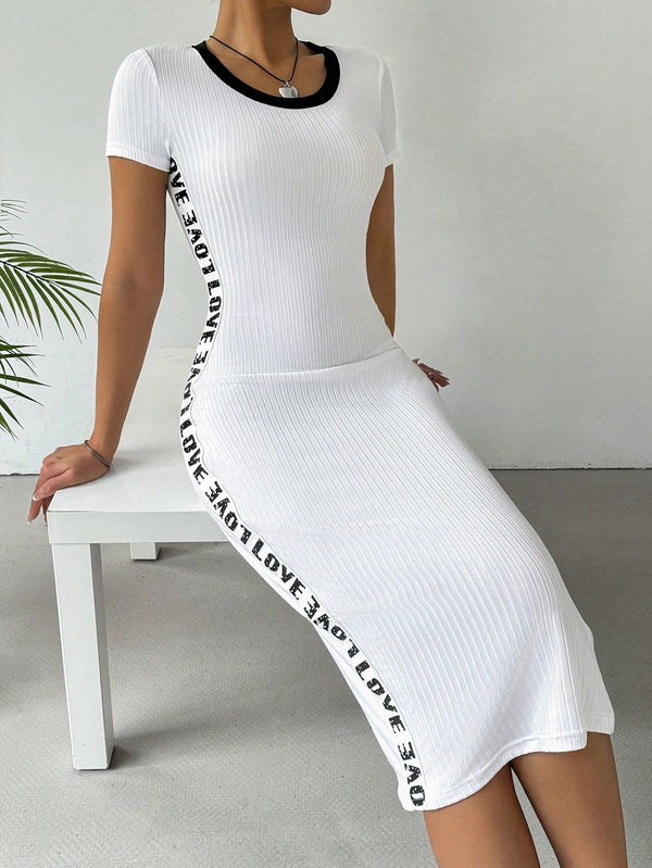 EZwear Long Summer Dress Contrast Letter Tape Bodycon Black Dress (White)