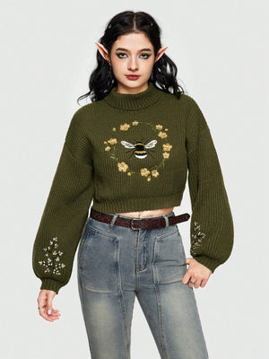 Fairycore Bee Embroidered Drop Shoulder Half Turtleneck Women's Sweater (Army Green)