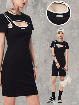 Coolane Black & White Contrast Color Hollow Out Bodycon Dress
