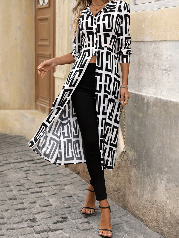 Printed Button-Up Long Shirt (Black and White)