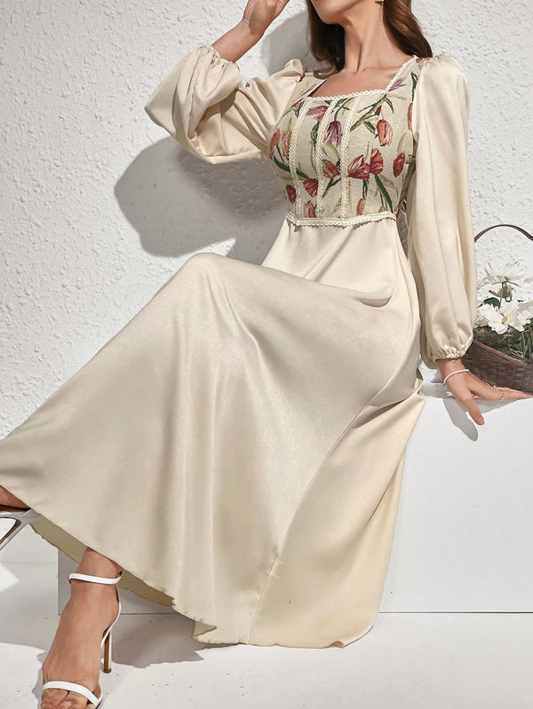 Elegant Dress With Flower Patterns, Square Neck, And Lantern Sleeves (Apricot)