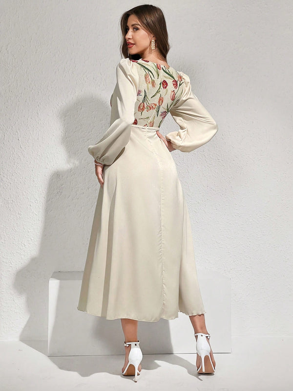 Elegant Dress With Flower Patterns, Square Neck, And Lantern Sleeves (Apricot)