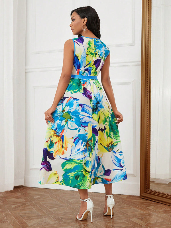 Floral Print Sleeveless Round Neck Midi Dress (Multicolor-3)