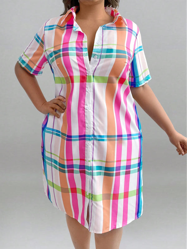 Plus Size Short Sleeve Plaid Shirt Dress (Multicolor)