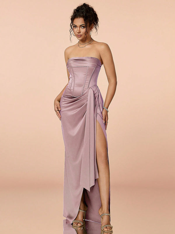 Ruched Split Thigh Satin Tube Prom Dress (Lilac Purple)