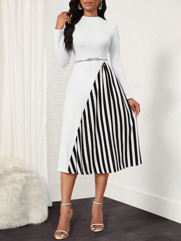 Lady Women's Pure Color Striped Patchwork Dress (White)
