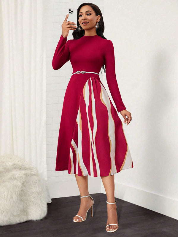 Lady Women's Pure Color Striped Patchwork Dress (Burgundy)
