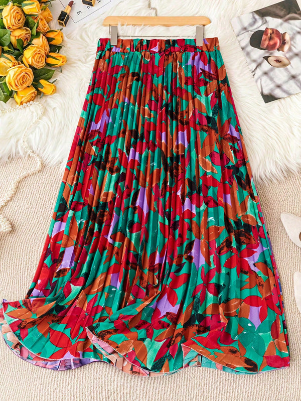 Privé Floral Print Pleated Midi Skirt (Multicolor-3)