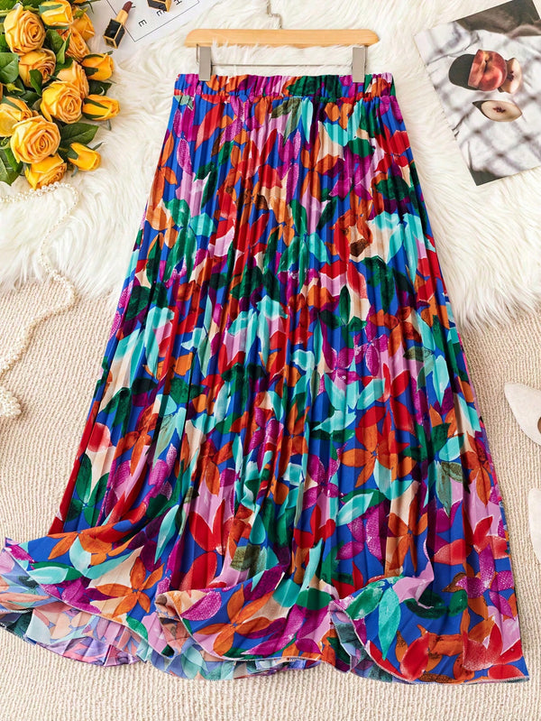 Privé Floral Print Pleated Midi Skirt (Multicolor)