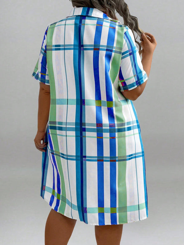 Plus Size Short Sleeve Plaid Shirt Dress (Baby Blue)