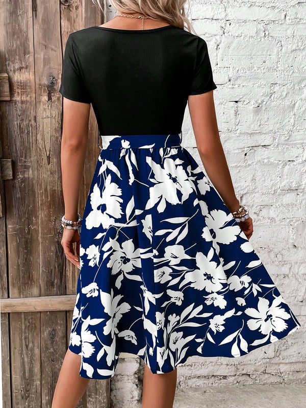 LUNE Floral Print Belted Dress (Navy Blue)