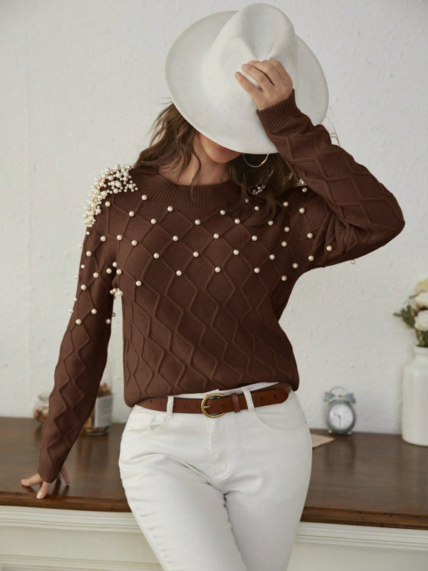 Mulvari Solid Color Sweater With Faux Pearls Decoration (Coffee Brown)