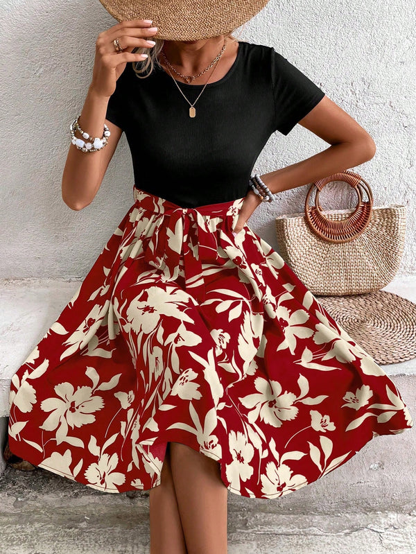 LUNE Floral Print Belted Dress (Red)