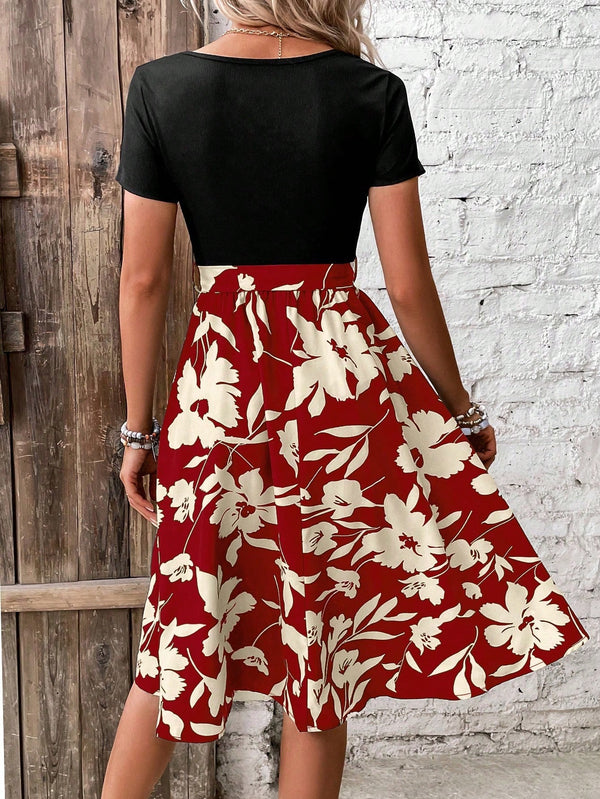 LUNE Floral Print Belted Dress (Red)