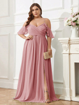 Belle Plus Size Chiffon Bridesmaid Dress With Shoulder Cut-Out, Pleated Front, Waist Belt, High Slit And Cami Straps (Dusty Pink)