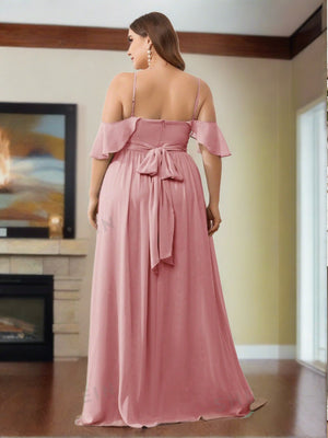 Belle Plus Size Chiffon Bridesmaid Dress With Shoulder Cut-Out, Pleated Front, Waist Belt, High Slit And Cami Straps (Dusty Pink)