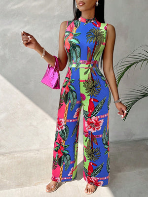 Slayr Women's Colorful Printed Wide Leg Jumpsuit For Summer (Blue)