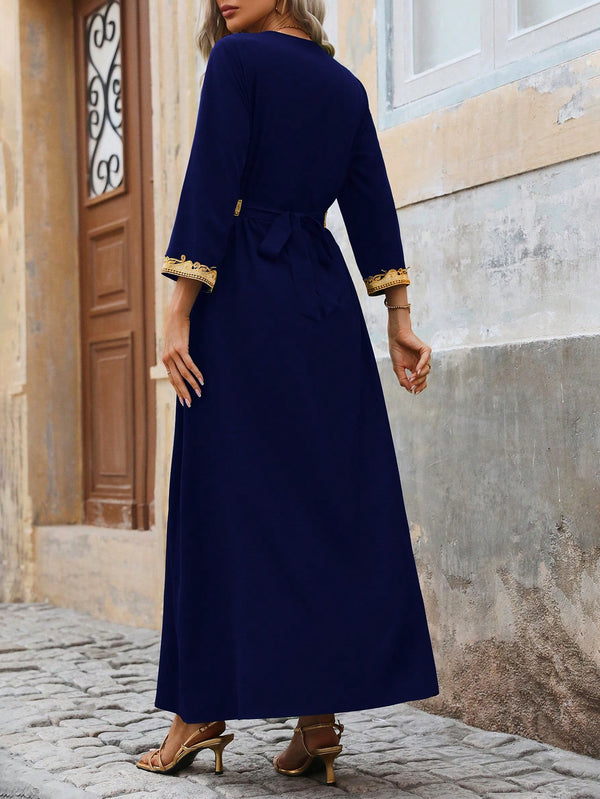 Women's Floral Embroidery Lapel Collar 3/4 Sleeve Dress (Navy Blue)
