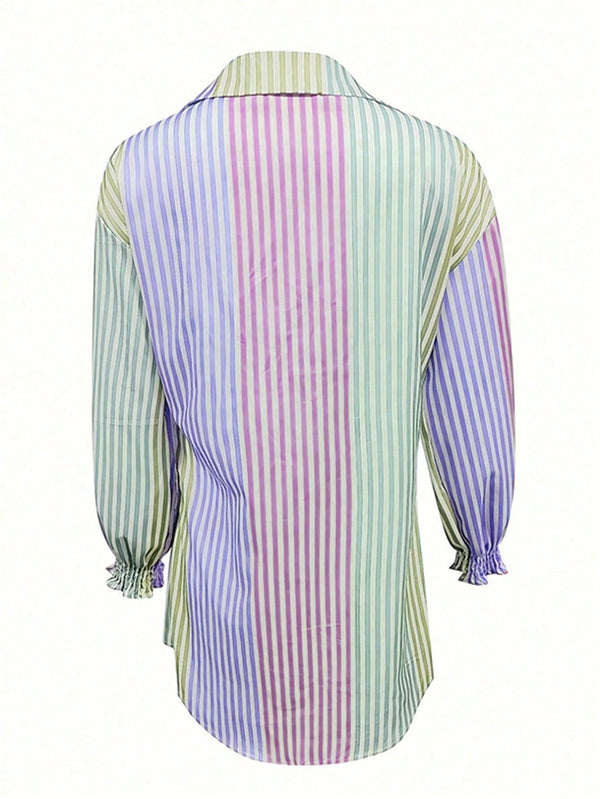 Women Stripe Colorblock Flare Sleeve Drop Shoulder Oversize Shirt (Yellow)