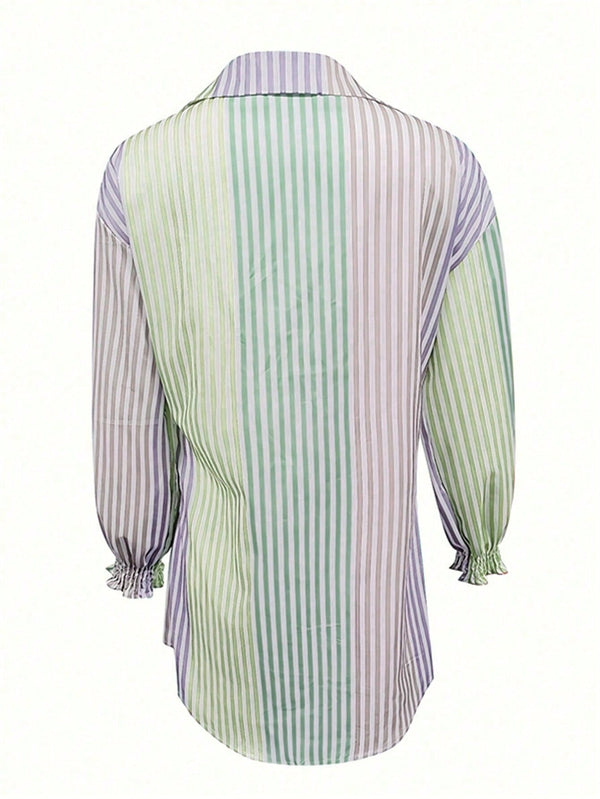 Women Stripe Colorblock Flare Sleeve Drop Shoulder Oversize Shirt (Purple)