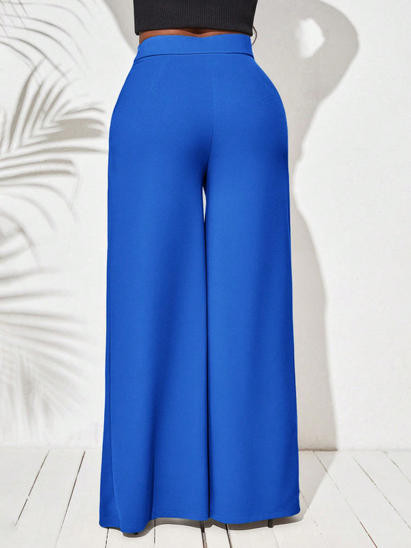 Women High Waist Wide Leg Pants With Double Side Split Hem (Royal Blue)