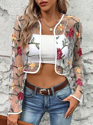 Women's Floral Embroidered Sheer Mesh Open Front Jacket (White)