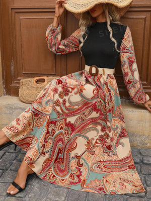 Frenchy Holiday Boho Style Random Cut Patchwork Maxi Dress With Paisley Print (Multicolor-3)