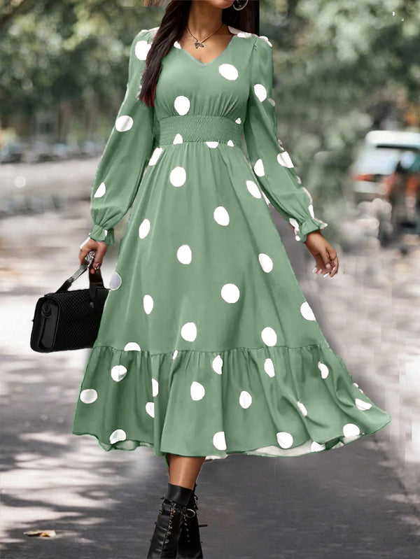 Clasi Women Polka Dot Bubble Sleeve Dress With Ruffle Hem (Green)