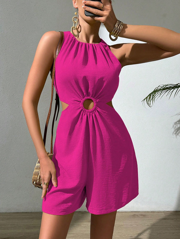 Frenchy Halter Neck Hollow Out Pleated Texture Romper (Hot Pink)