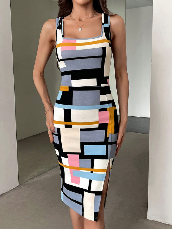 Privé Sleeveless Bodycon Dress With Split Hem And  Geometric Print (Multicolor-2)