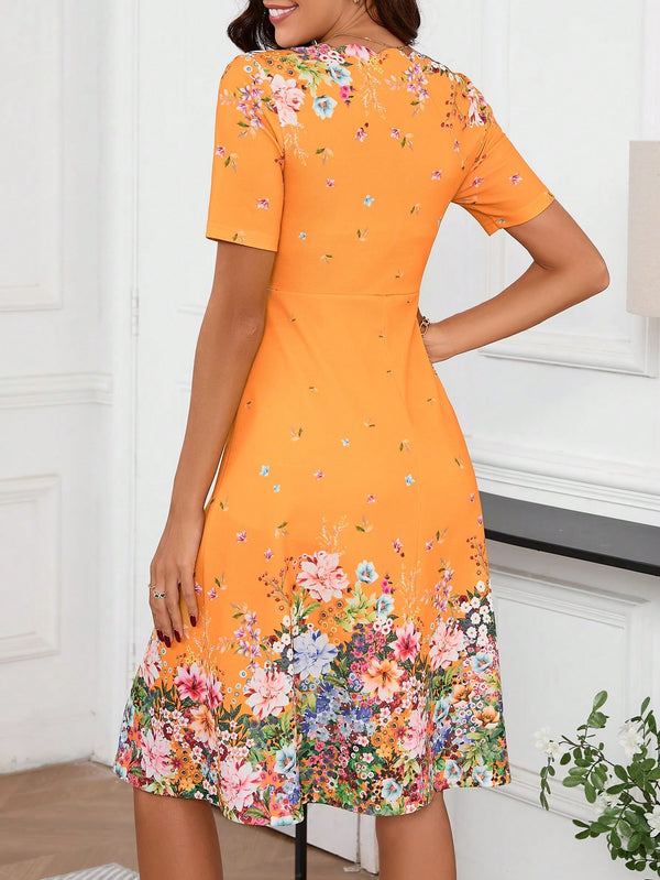 Clasi V-Neck Short Sleeve Floral Print Dress (Ginger)