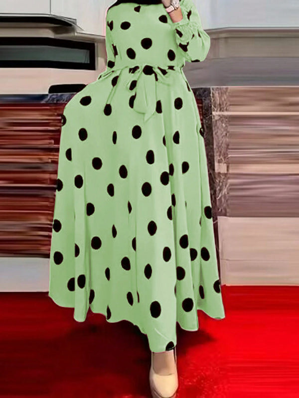 Clasi Fashionable Polka Dot Printed Long Dress With Cinched Waist (Green)