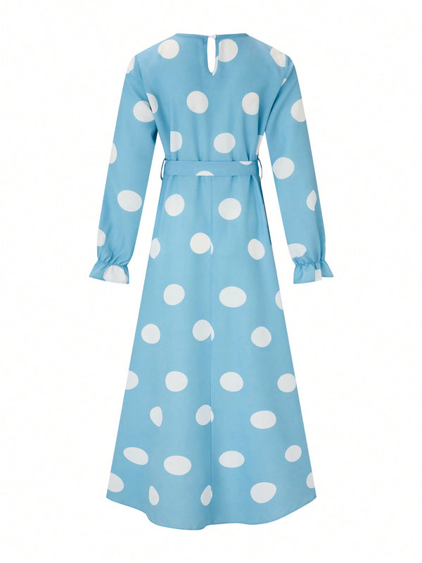 Clasi Fashionable Polka Dot Printed Long Dress With Cinched Waist (Blue)